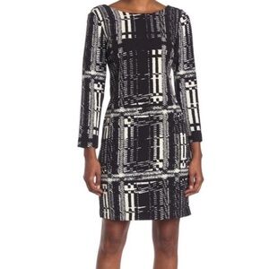 Trina Turk Wade Sheath Dress Boat Neck Long Sleeve Black White NWT Size 6 Career